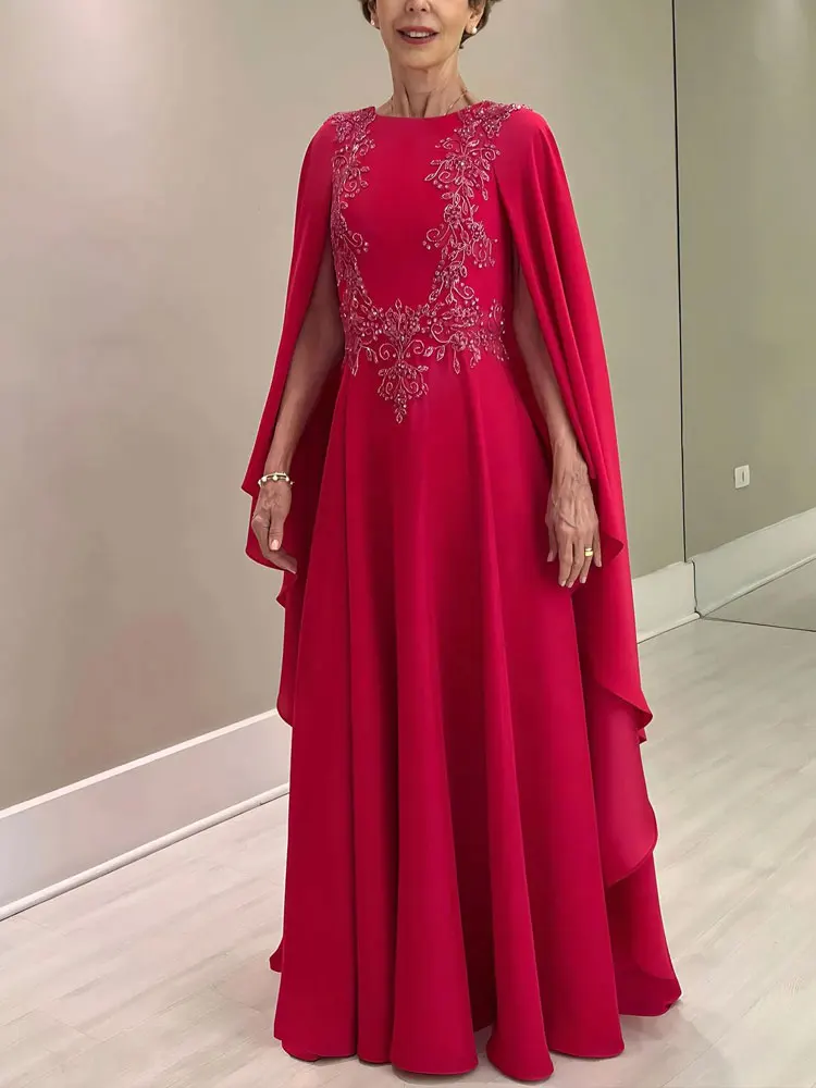 

Elegant Mother Of The Bride Dresses Jewel Neck Cape Wedding Guest Dress Beaded Floor Length Birthday Party Dresses Evening Gowns