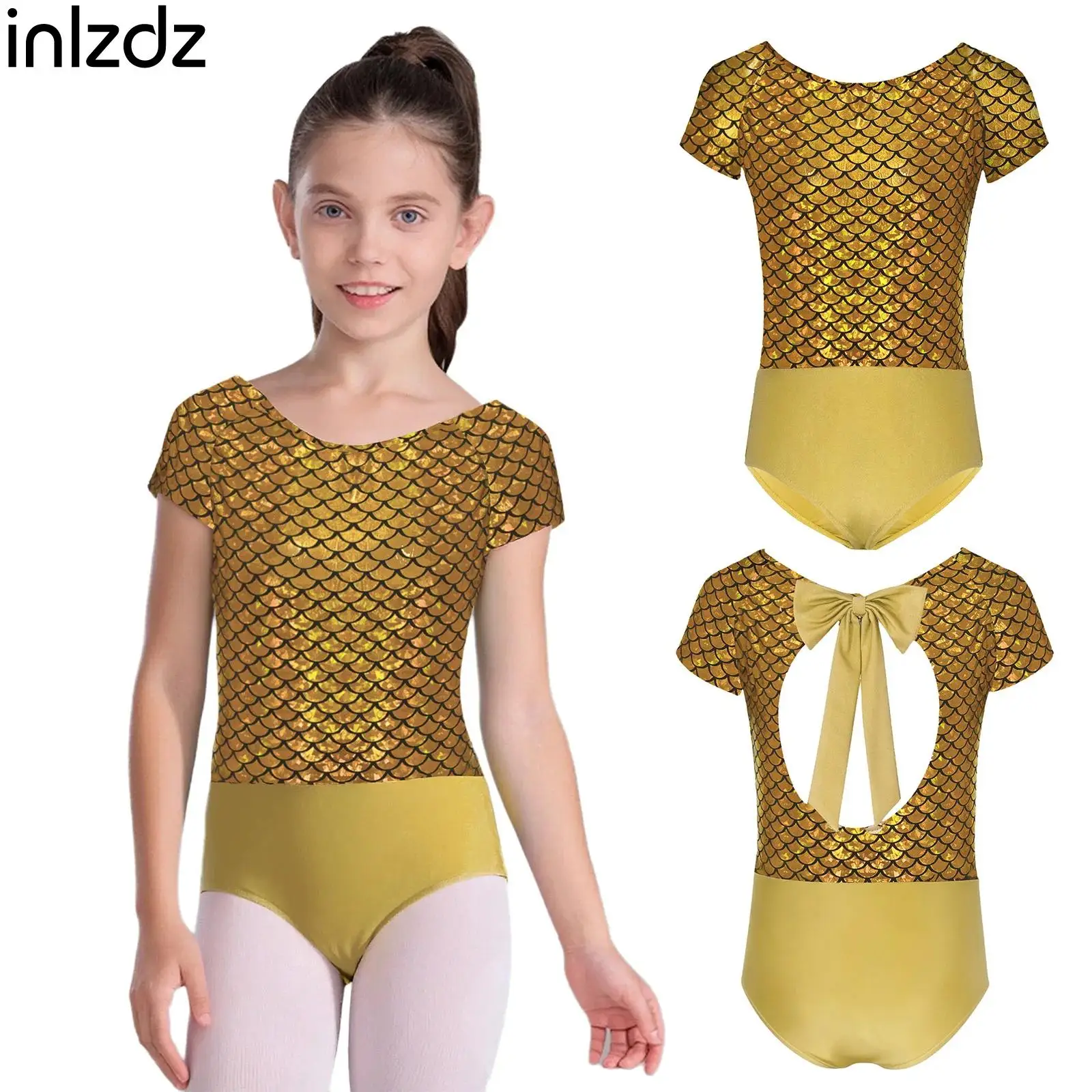 New Girls Bowknot Cutout Back Gymnastics Ballet Unitard Figure Skating Dance Party Costume Fish Scale Print Short Sleeve Leotard