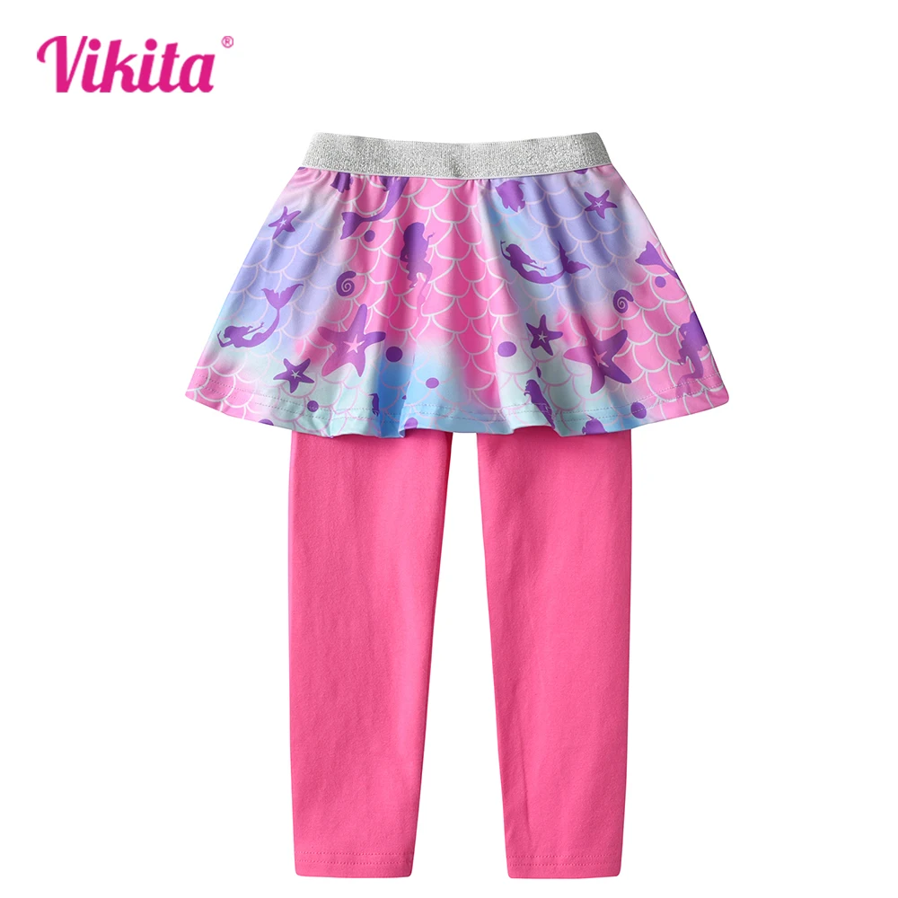 VIKITA Girls Pink Leggings Kids Fake 2 PCS Pants with Skirts Children Skinny Elastic Pencil Pants Children Slim Bottoms Pants