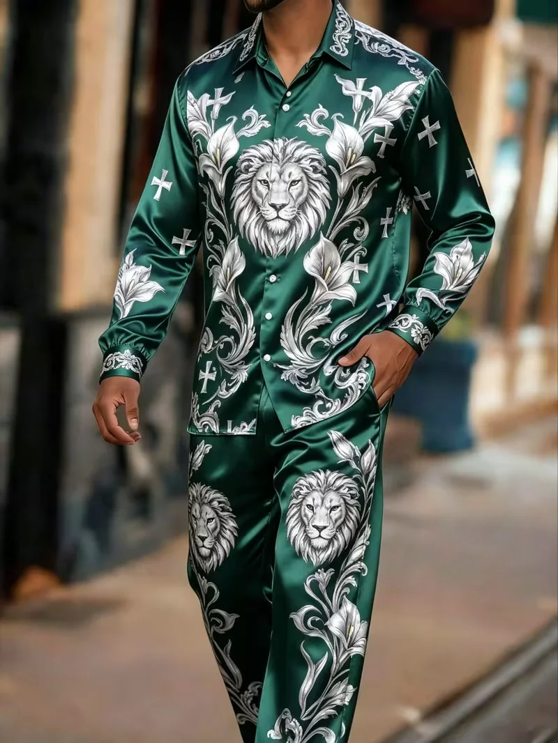 New Men's New Chinese Wave Gradient Set with Collar, Long Sleeve Shirt, Long Pants, Two Piece Set for Party Men's Wear view 4