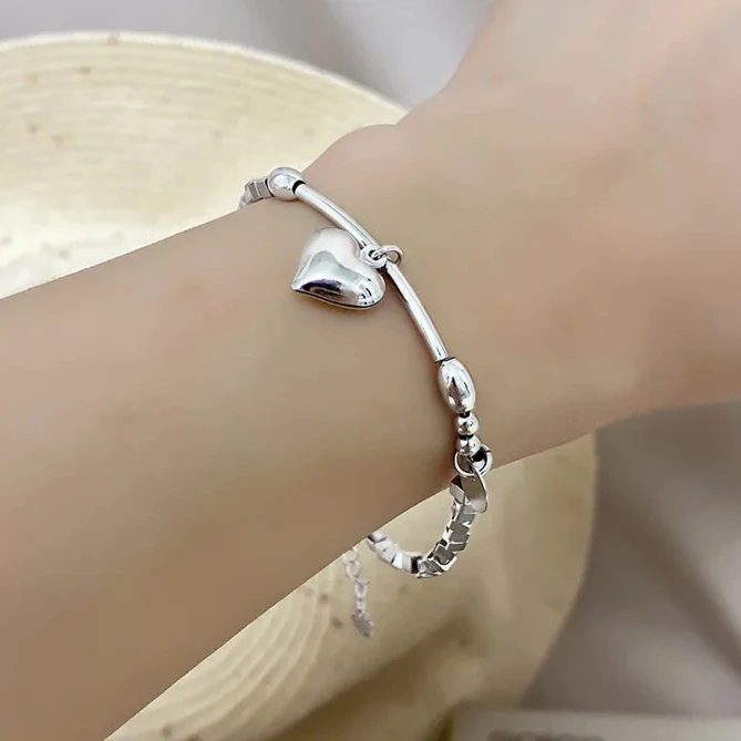 

Real 925 Sterling Silver Beaded Tassel Square Heart Pendant Charm Bracelets for Women Fine Jewelry Minimalist Accessories