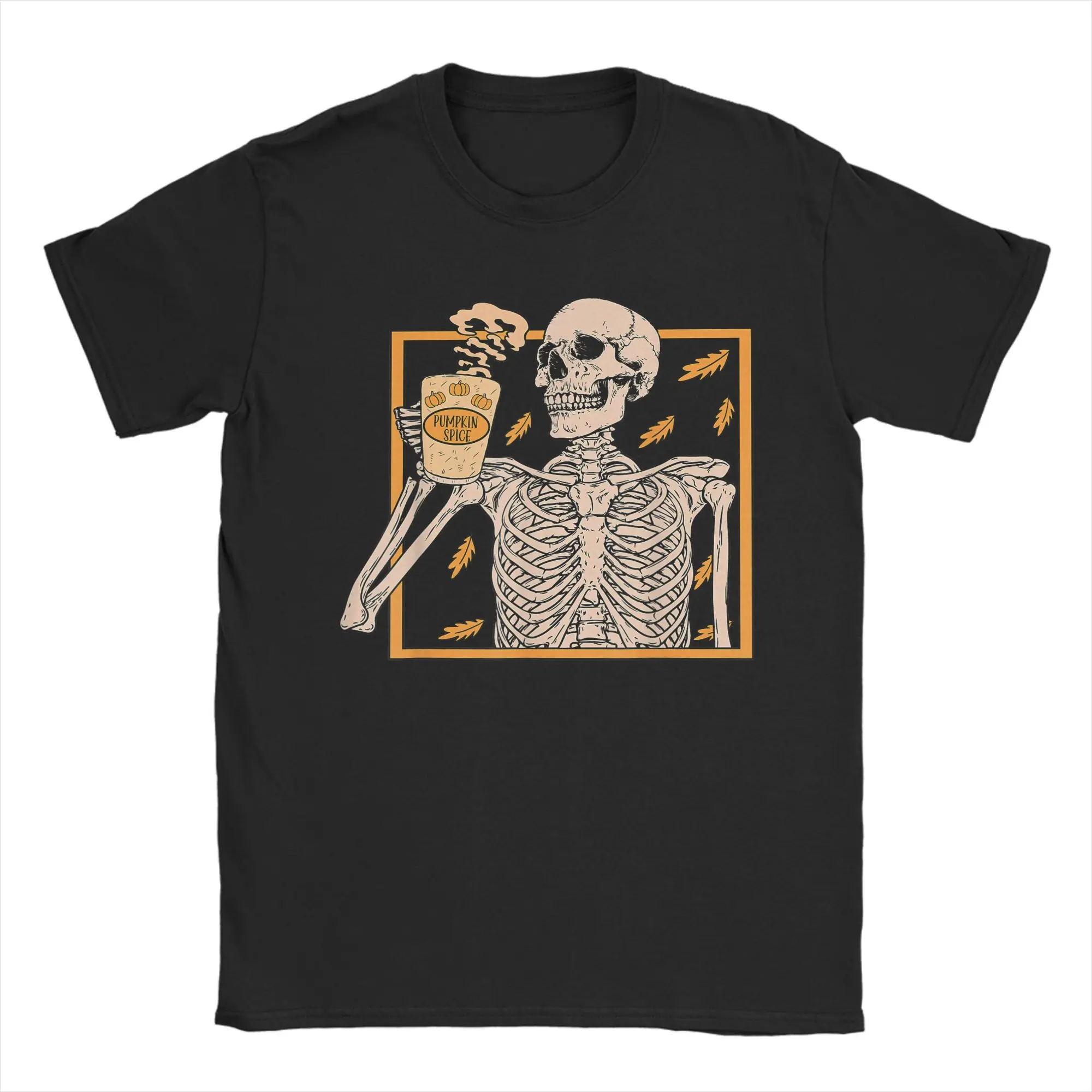 Camiseta de algodón con cuello redondo para hombre, ropa de manga corta con esqueleto de Halloween, calabaza, especias, Latte, jarabe, crema
