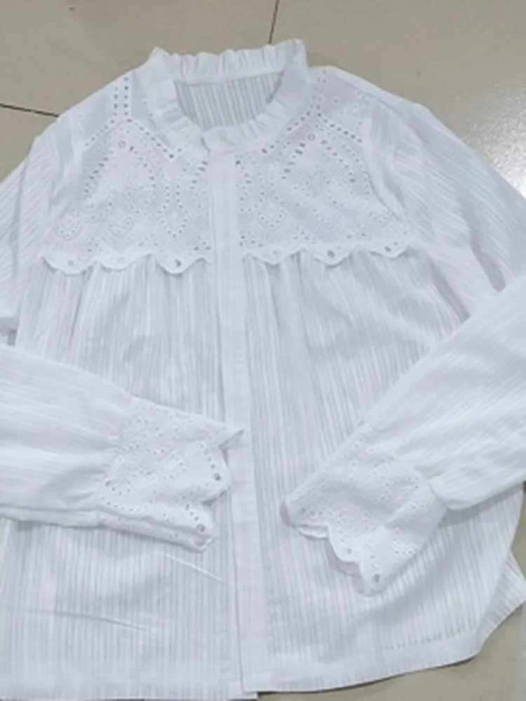 Blusa holgada de encaje para mujer, camisa informal de manga larga con cuello redondo, color blanco, para verano y otoño, 2023