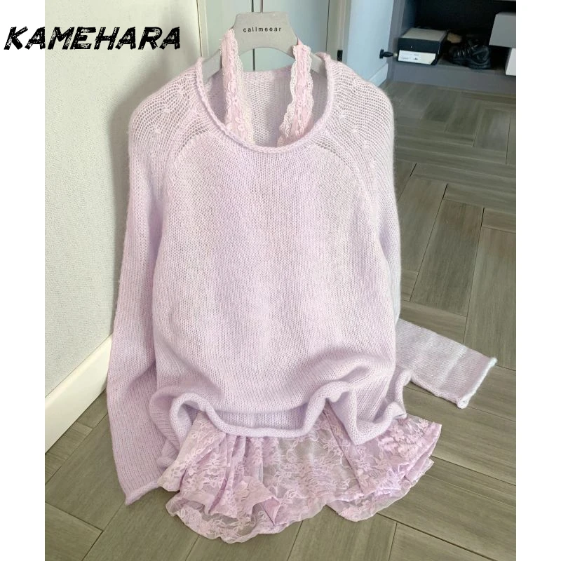 

KAMEHARA Japanese 2025 Spring 2-piece Harajuku Style Design Pullover Sweet Hanging Neck Lace Base Knit Sweaters Female Clothing