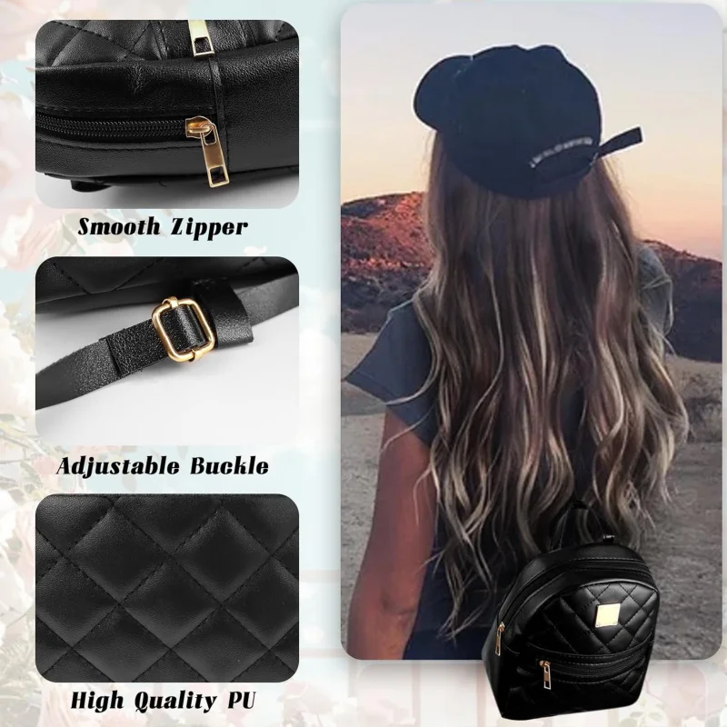 Monedero, mochila pequeña de PU para mujer, lindas mini mochilas con correa ajustable para citas, compras (negro)