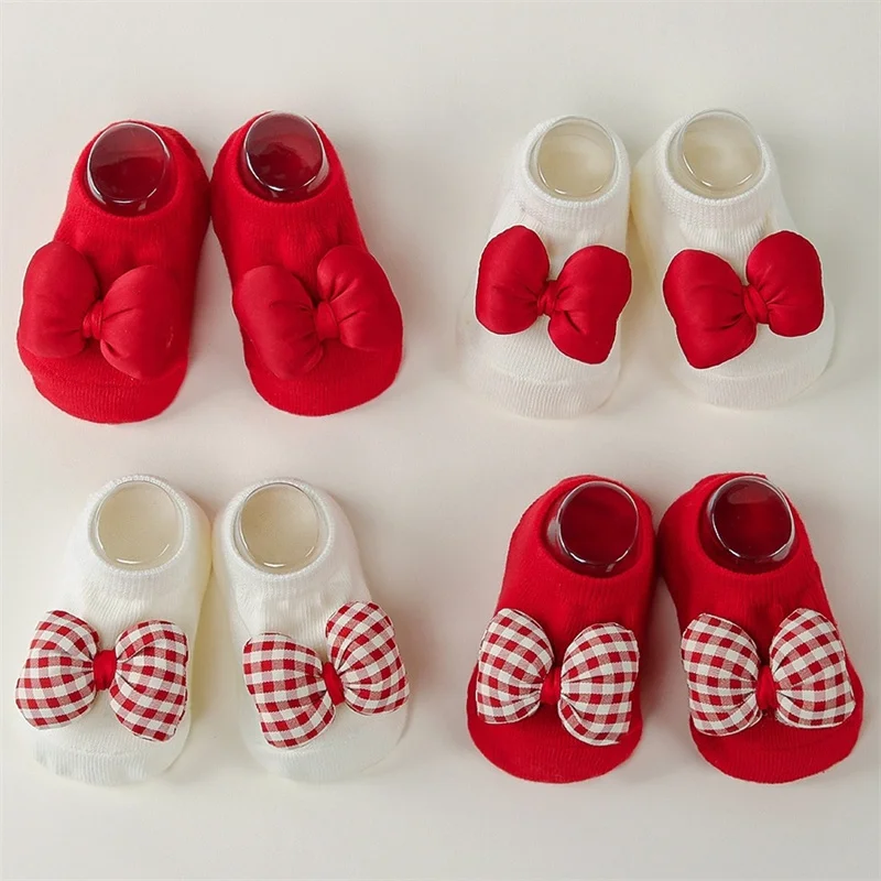 

Children's Princess-style Bow Socks High Quality Cotton Newborn Non-Slip Socks New Year Baby Toddler Short Floor Sock 0-3years