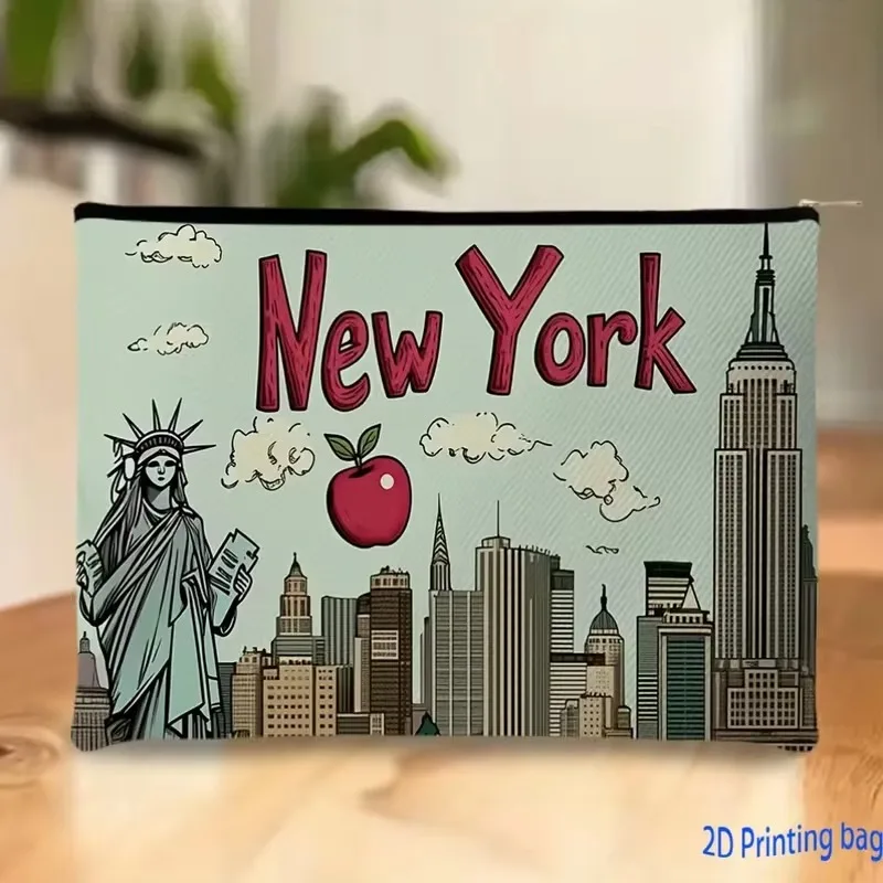 New York City Skyline Makeup Bag - Vintage Hand-Drawn Comic Suitable for Double-Sided Linen Travel Commute Short Trips, Bedroom