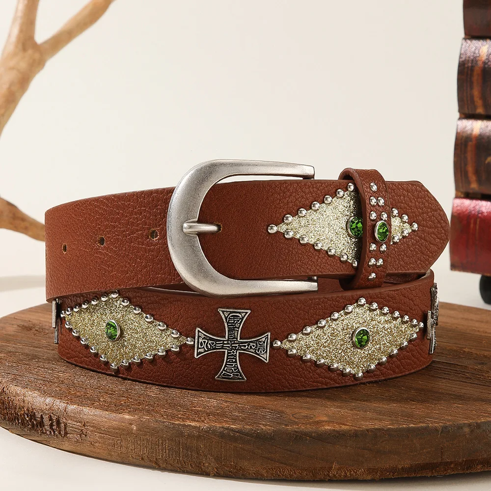 حزام ترتر من حجر الراين على الموضة، إكسسوار جينز نسائي برشام ذو شخصية متقاطعة كلاسيكية، حزام بإبزيم بإبرة مصممة