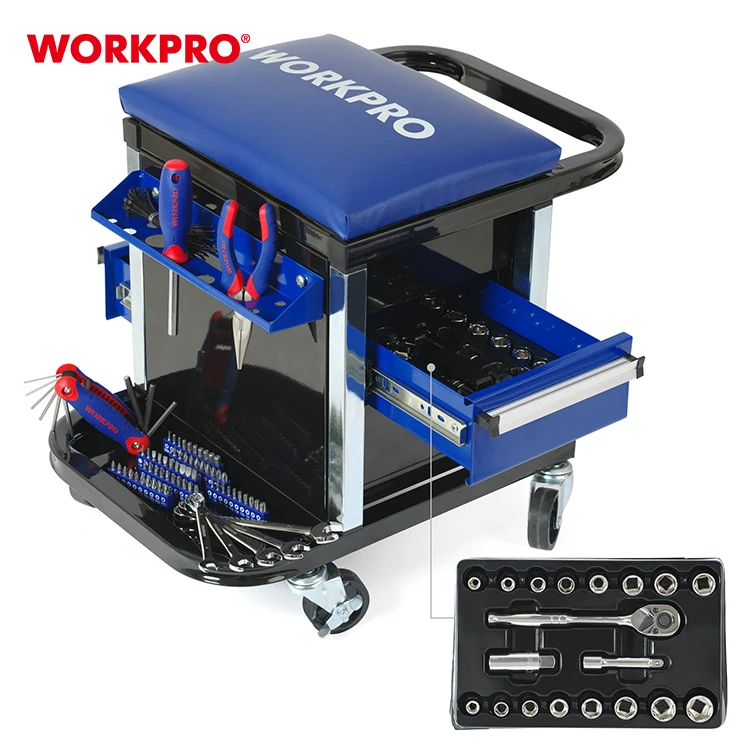 WORKPRO-Garage Rolling Toolbox, Creeper Mecânica Tool Set, Banquinho com gavetas, Assento do rolo de armazenamento