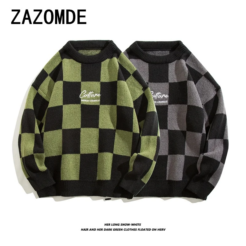

ZAZOMDE 2024 Autumn Winter New Idle Style Round Neck Knitted Top Men's Trendy Brand High Street Checkered Knitwear Sweater Men