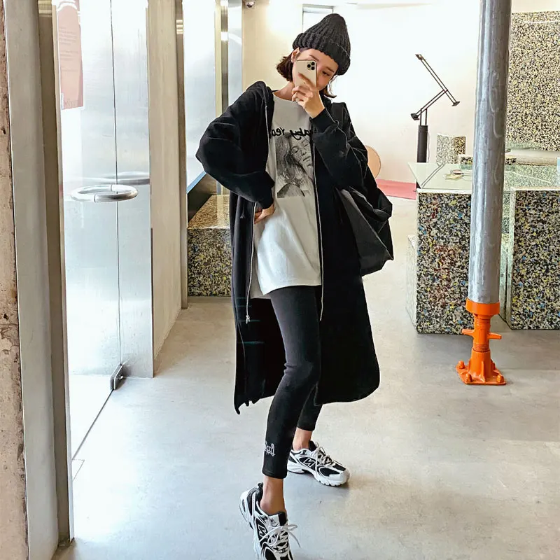 Damska bluza z kapturem na zamek błyskawiczny, średniej długości, ocieplana, sweter rozpinany, styl koreański, luźny krój, do pracy.