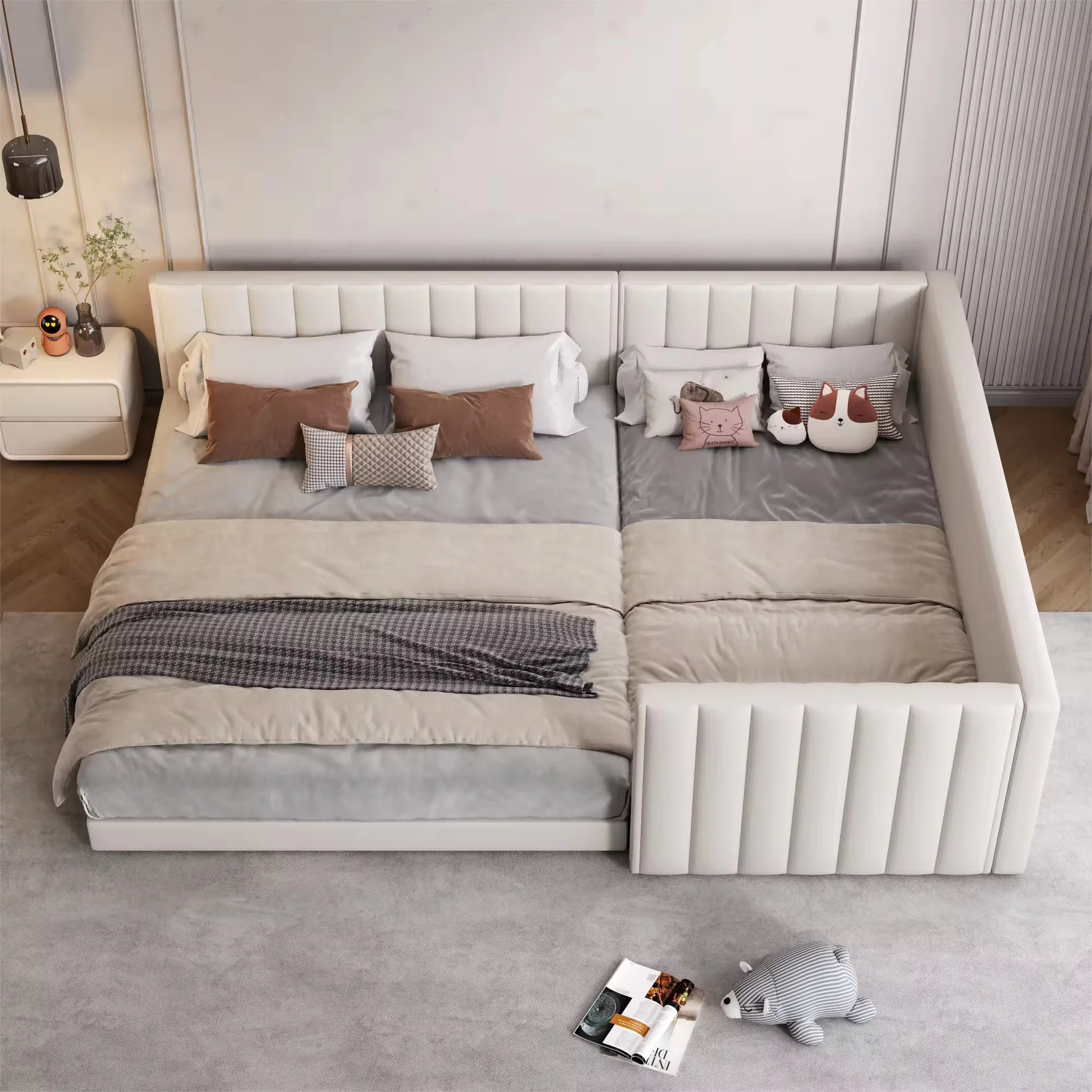 Modern Fabric Upholstered Queen & Twin XL Beds Stylish Parent-Child Platform Bed Frame Widened Bedding Furniture for Kids Bed