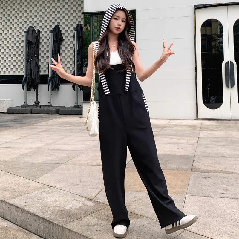 High Waist Striped Patchwork Hooded Bib Overalls Women's Design Sensation Sweet Korean Sle Thin Wide Leg Jumpsuit Pants