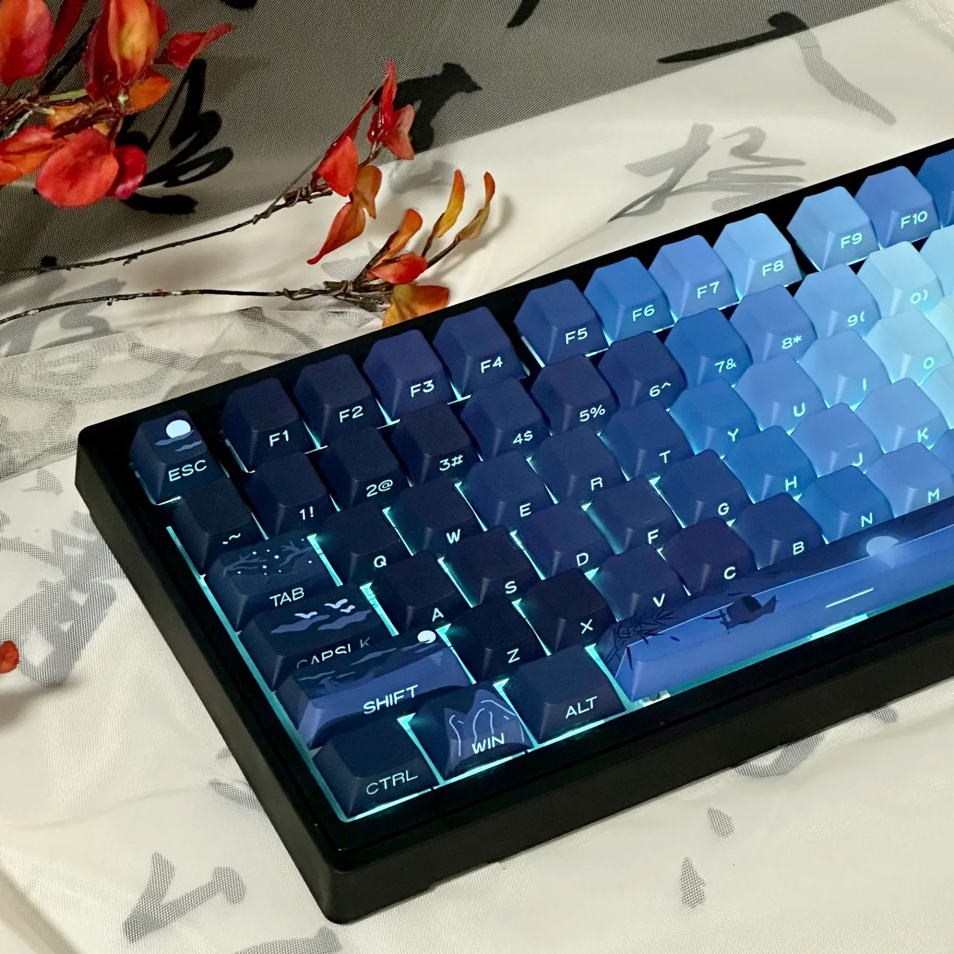 Lakeview Blue Side Engraved Keycaps PBT Cherry 131 Keys for MX Switch HI75 68 104 64 Wooting Mechanical Keyboards