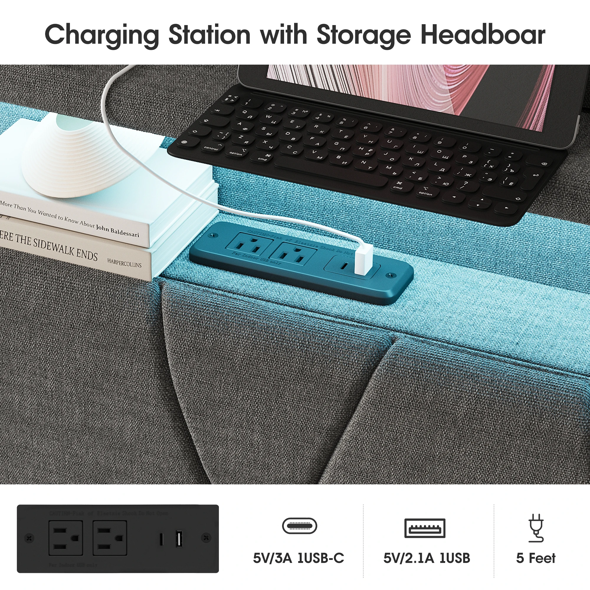 إطار سرير Vabches يرفع مع لوح أمامي للتخزين ومخرج طاقة، وإطار سرير بمنصة منجدة لأضواء LED لغرفة النوم بدون ضوضاء