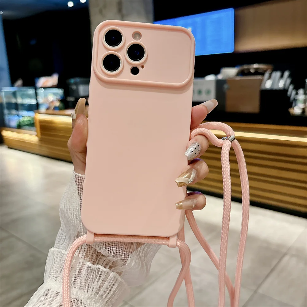 Crossbody الحبل قلادة الحبل لينة غطاء من السيليكون آيفون 16 15 14 13 برو ماكس 12 قابل للتعديل حبل نايلون ماتي غطاء ل 16Pro