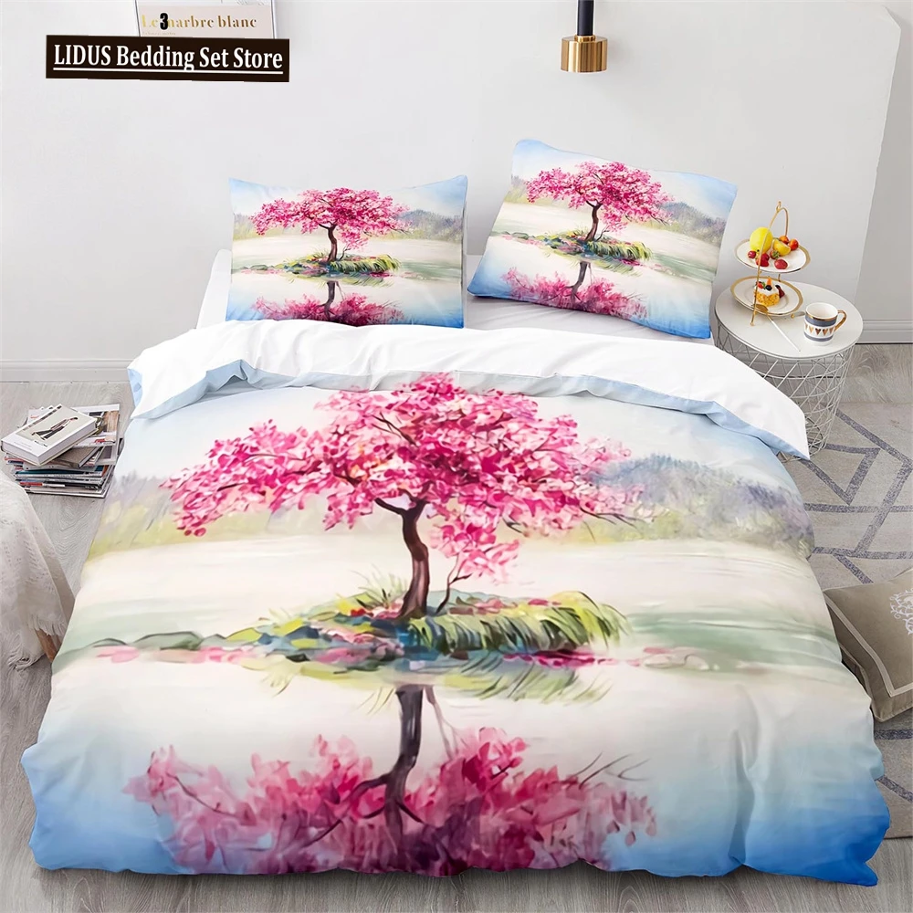 

Oil Painting Duvet Cover Set Pink Cherry Blossoms Tree Flowers Polyester Comforter Cover King Queen Full Size For Girls Boys Kid