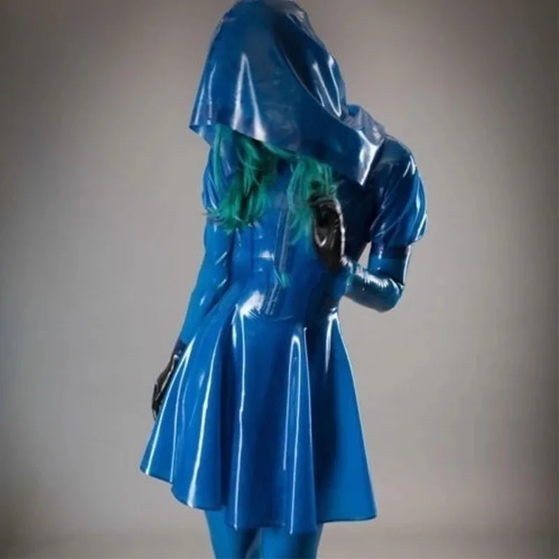 

Handmade Women Transparent Blue Latex Dress with Hood Rubber Women Cute Short Skirt with Front Zip Size XS-XXL