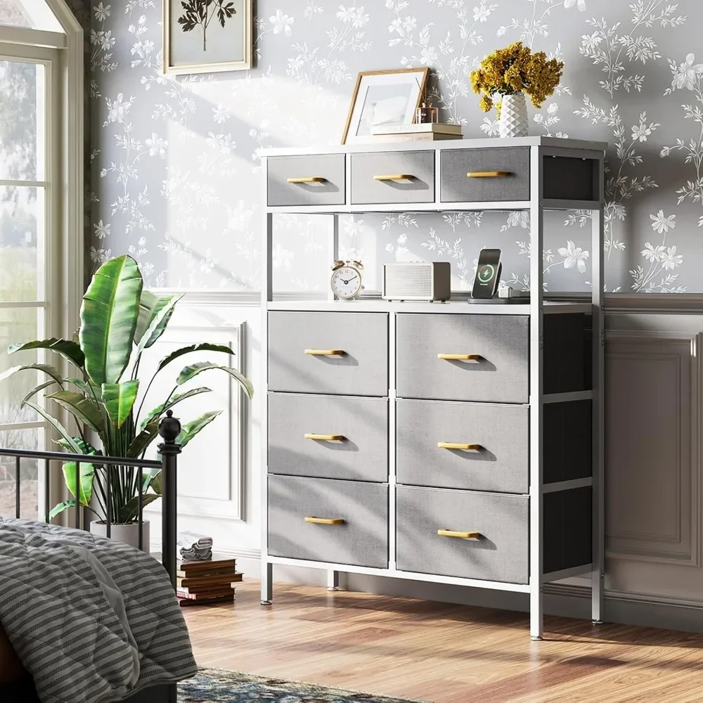 Dresser with Charging Station - 52 Inch Tall Bedroom Dresser with 9 Storage Drawers - Large Fabric Dressers for Hallway