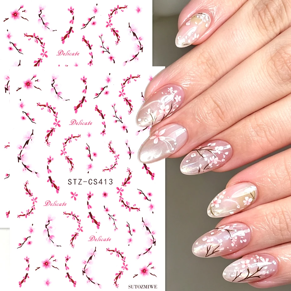 2pcs Pink Cherry Blossom Flower Nail Art Stickers Pink Peach Blossom Floral Sliders DIY Delicate Spring Manicure Decoration Tips