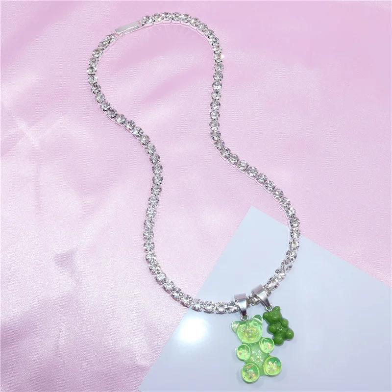 Handmade Rhinestone Colorful Jelly Teddy Bear Charm Necklace Hip Hop Gummy Pendant Crystal Accessories Chain Necklace Jewelry