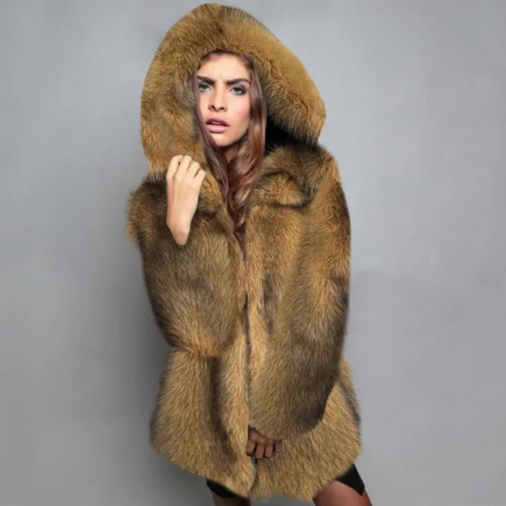 Luxury Fur Coat Women Clothing Trend Fluffy Hooded Faux Fur Jacket Zipper Long Sleeve Design Chic Faux Fox Jacket Warm Outerwear