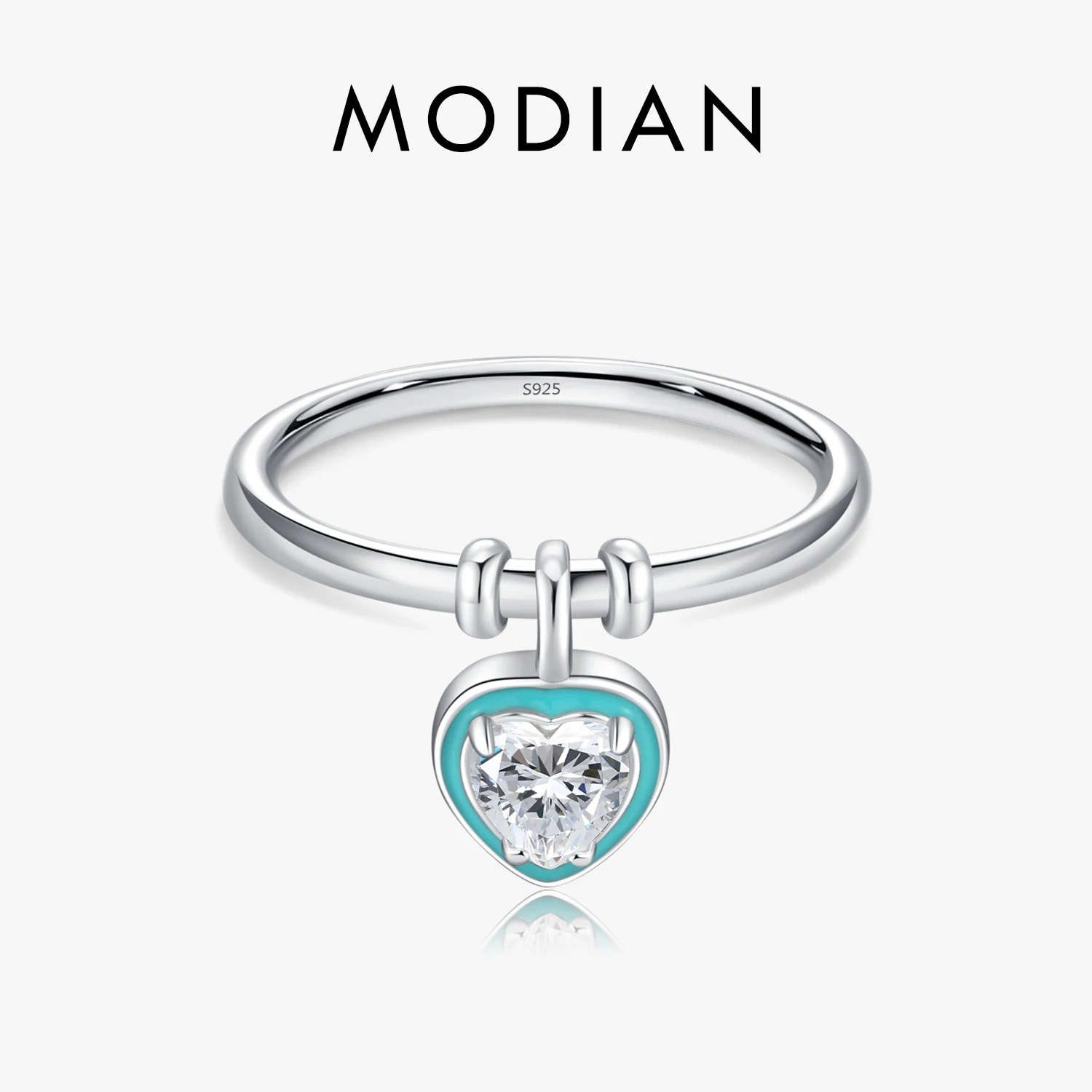 MODIAN 925 Sterling Silver Green Enamel Sweet Romantic Heart Love Swing Rings For Women Daily Jewelry