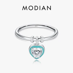 MODIAN 925 Sterling Silver Green Enamel Sweet Romantic Heart Love Charm Rings For Women Daily Accessories Jewelry