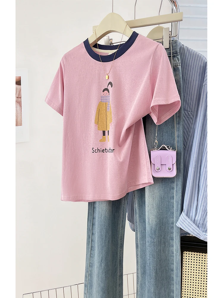 Creative Cartoon Girl Print ort Sve T-irt Summer New Sle Loose Ice Silk Women's Clothing Versatile Top Cotton Sweats...