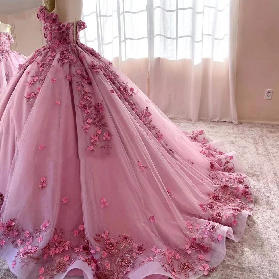 Pink Princess Quinceanera Vestidos, Apliques, Queridas Flores, Vestidos de baile, Tule, Elegente, 15 Ballkleider, 2023