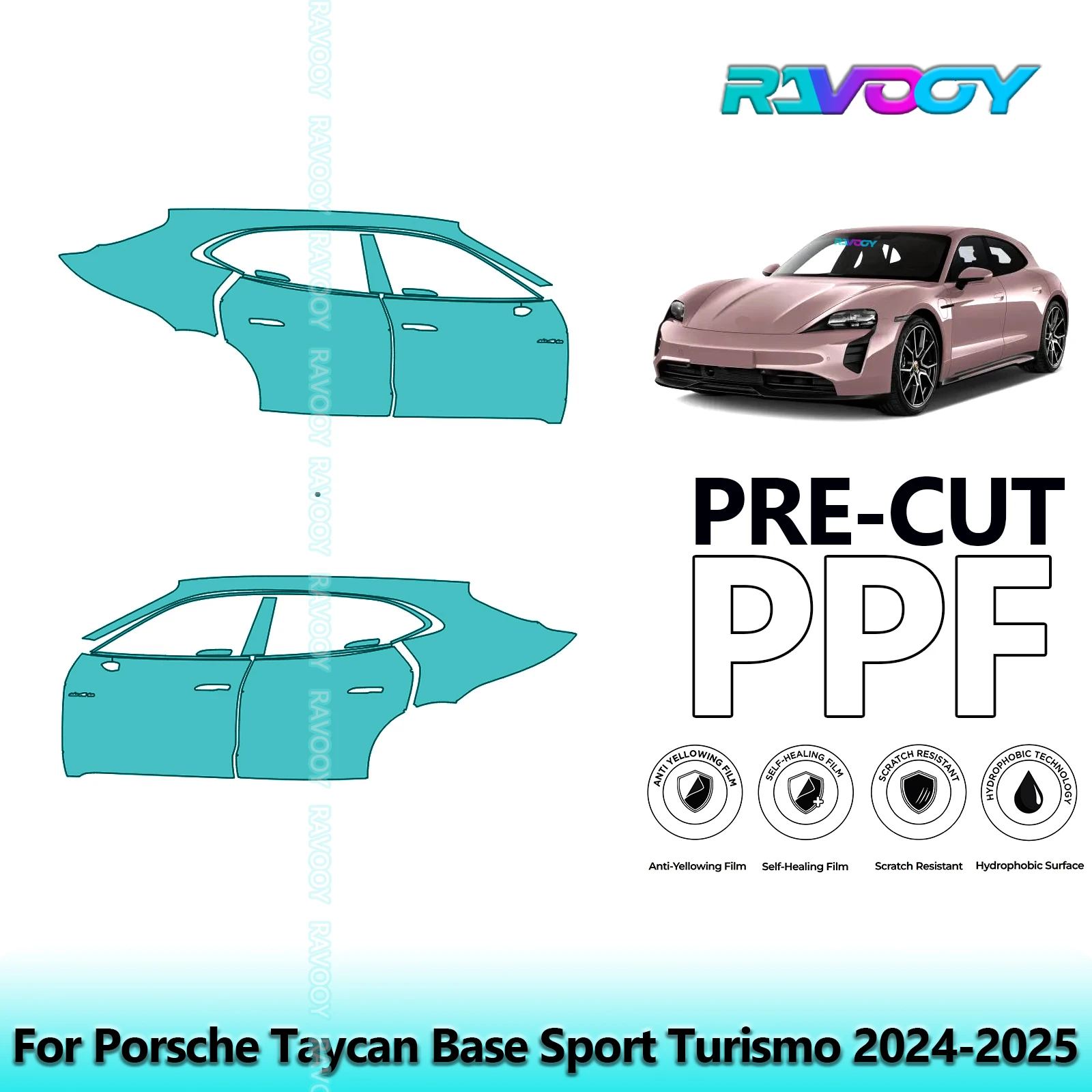 

For Porsche Taycan Base Sport Turismo 2024-2025 8.5mil Pre-Cut PPF Door & A/B Pillar Kit TPU Paint Protection Film Set
