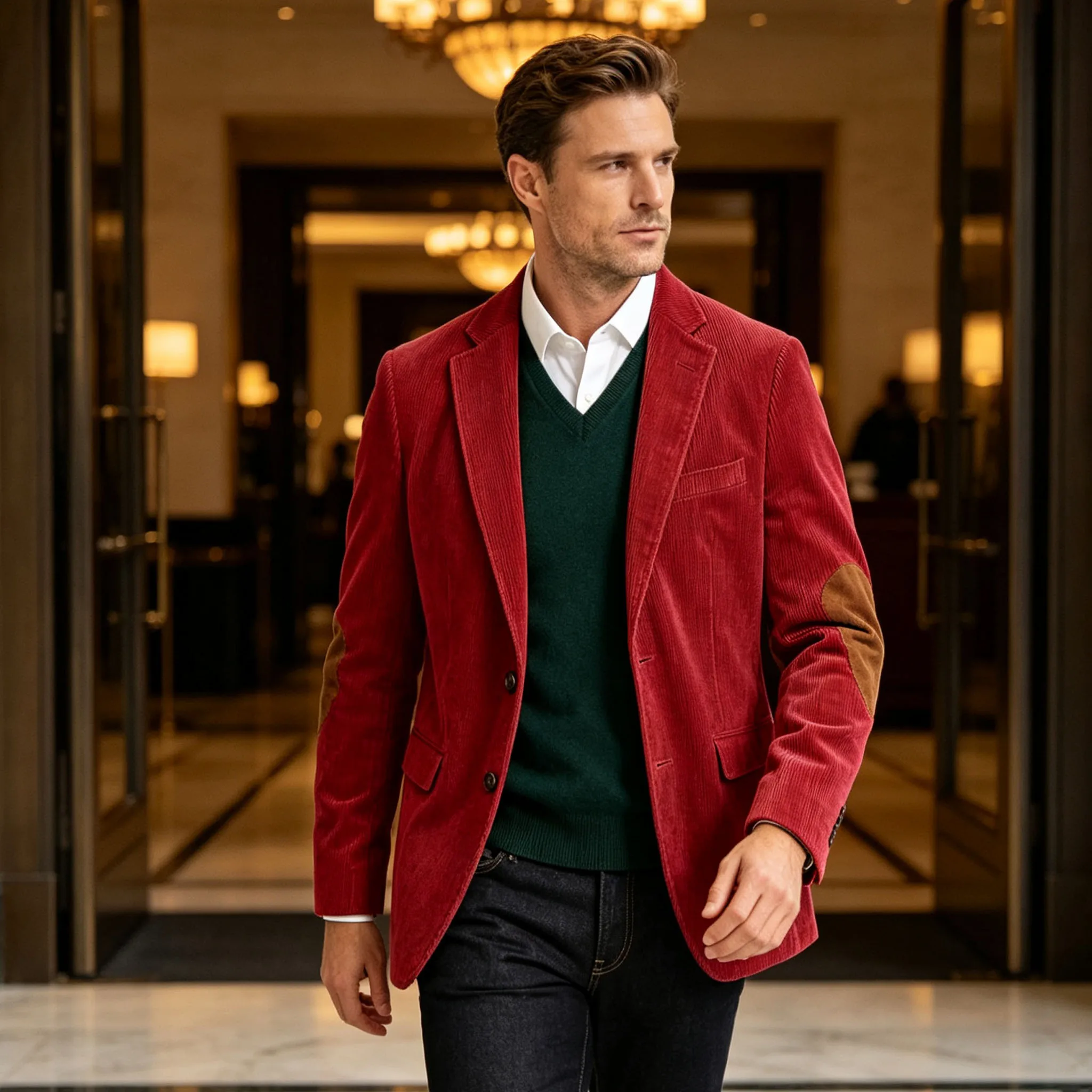 Men's Corduroy Blazer Vintage Suede Elbow Patches Notched Lapel 2 Button Slim Fit Suit Jacket Casual Business Sport Coat Streetw