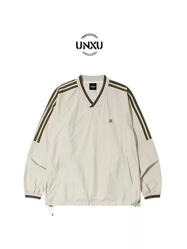 

UNXU New Retro American V-Ne Long Sve T-irt Hoodie ex Couple Outerwear Top Polyester Loose Fit Brand LOGO Embroidery