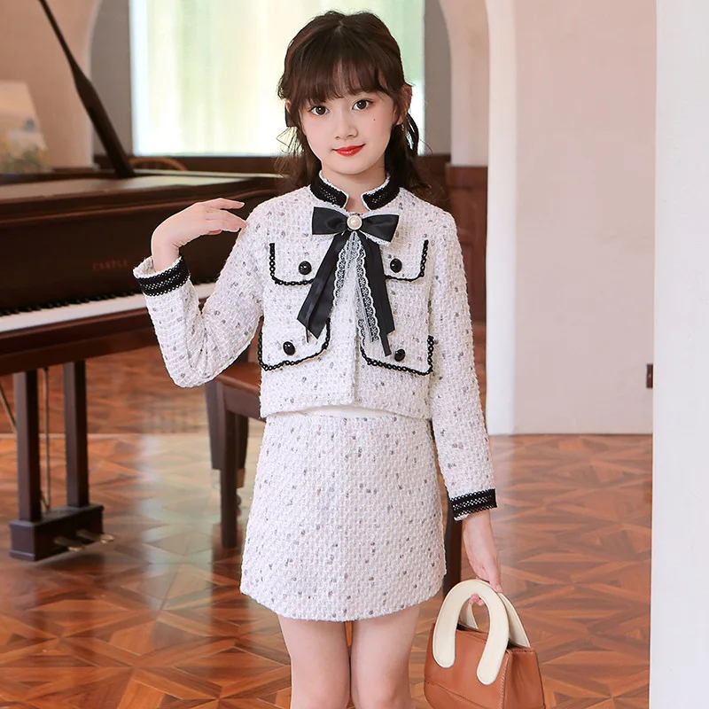 

Kids Girls Autumn Outfit Teenager Girls Bowknot Button Round Neck Coat Children Girls Skirt Junior Girls Contrast Color 2pcs Set