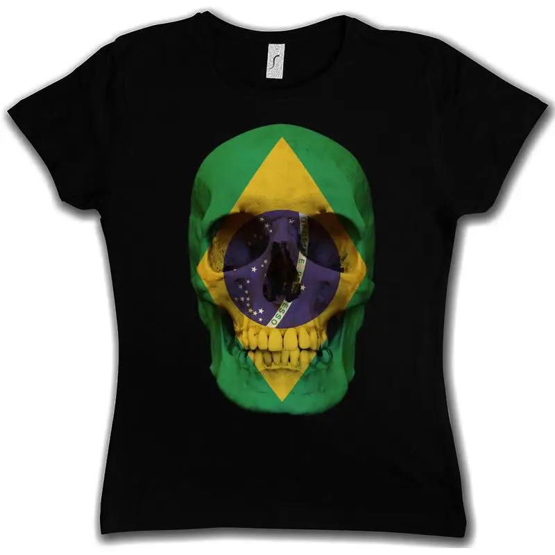 Clássico bandeira do crânio da brasil mulher menina camiseta motociclista mc brasilia banner