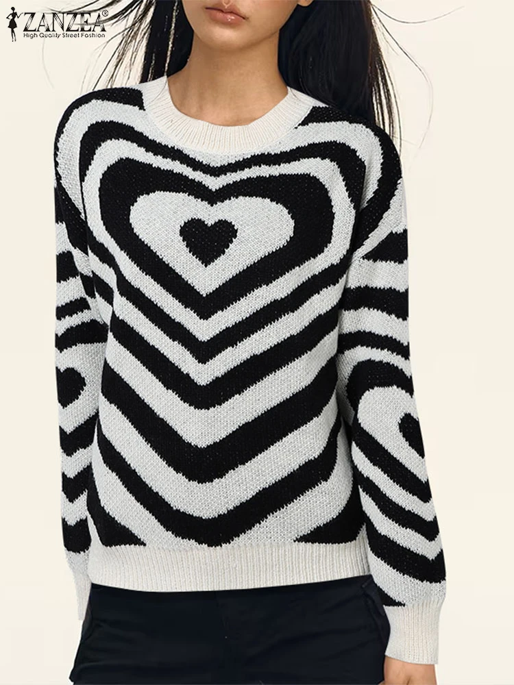 ZANZEA Stylish Women Sweaters Autumn Long Sleeve Heart Striped Sweater Winter Stylish Loose Jumper 2024 Casual Knitted Pullovers