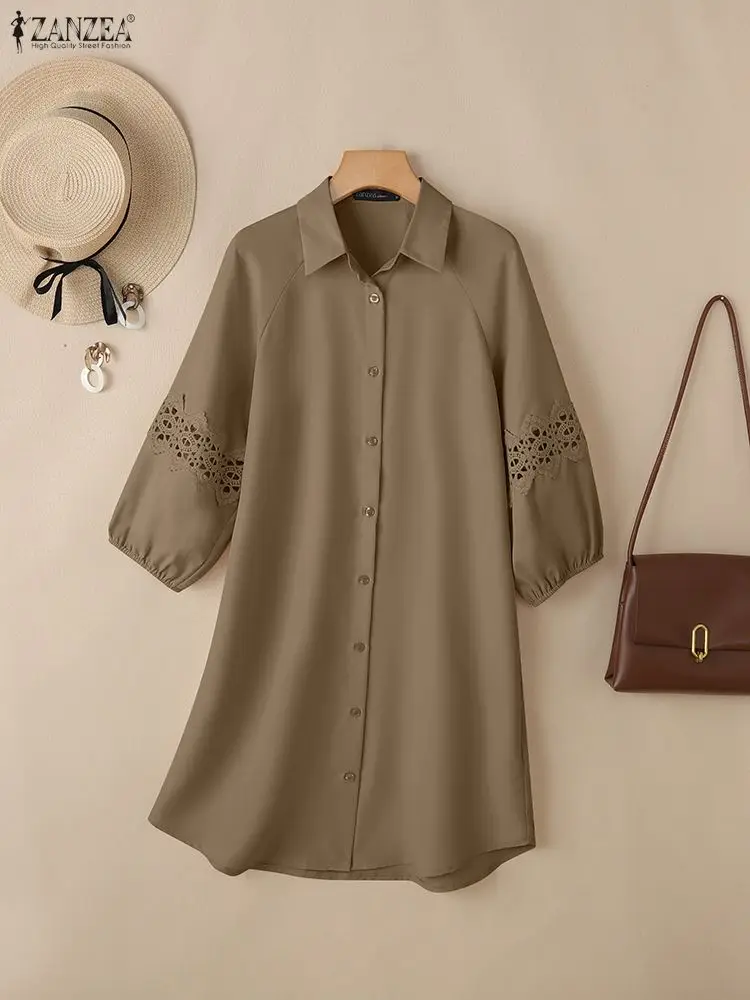 فستان نسائي مخرم مزين بالدانتيل موضة ربيع 2026 3/4 كم فانوس بياقة بطول الركبة ملابس نسائية من ZANZEA