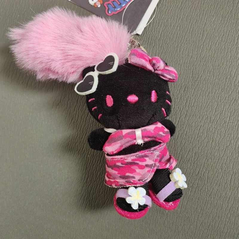 Zwart lederen huid Hello Kitty roze luipaard badmode stijl knuffels hanger schattige engel Kitty kat gevulde pop sleutelhanger