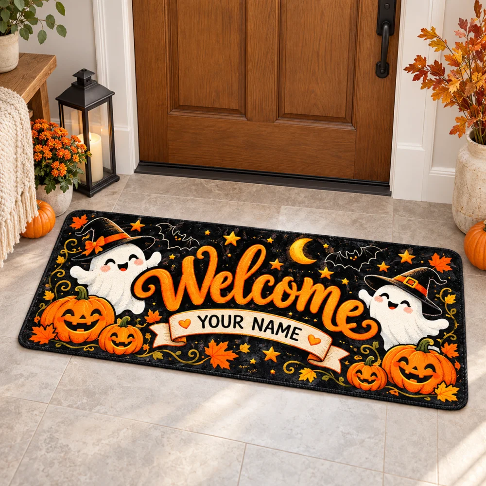 Personalized Halloween Welcome Doormat Custom Name Flannel Floor Mat Cute Ghost Pumpkin Print Non Slip Entrance Rug Decor