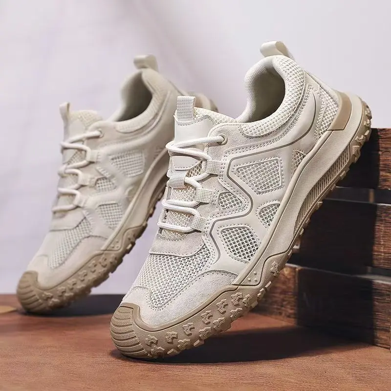 

Men's Summer New Mesh Leather Casual Sports Shoes Rubber Sole Non Slip Lace Up Breathable Big Size Walking Shoes Hiking Shoes