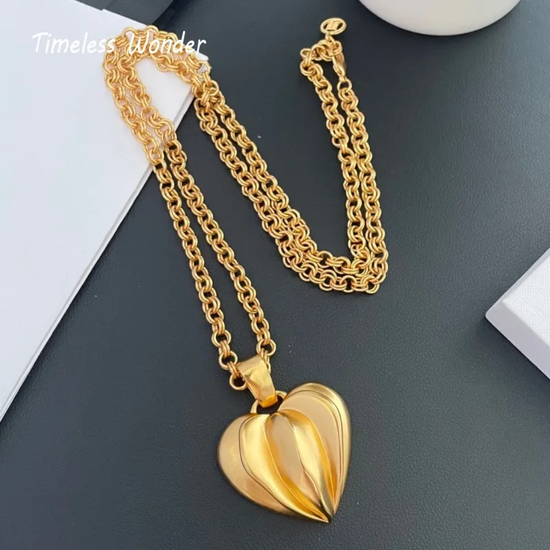 

Timeless Wonder Fancy Brass Geo Heart Chains Necklace for Women Designer Jewelry Runway Goth Luxury Rare Sweet Set Top 5164