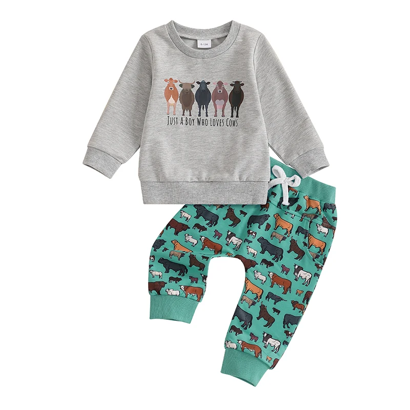 Toddler Boy Fall Farm Outfits Long Sleeve Round Neck Sweatshirt with Animal Print Pants 2Pcs Set