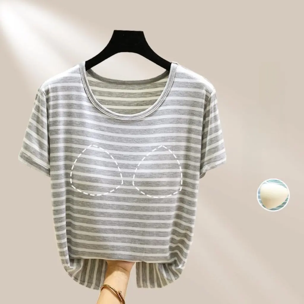 

Modal Summer Short-sleeved T-shirt Striped Chest Pad Top Loose Free Bra Thin All-match Outer Wear Base Shirt for Women