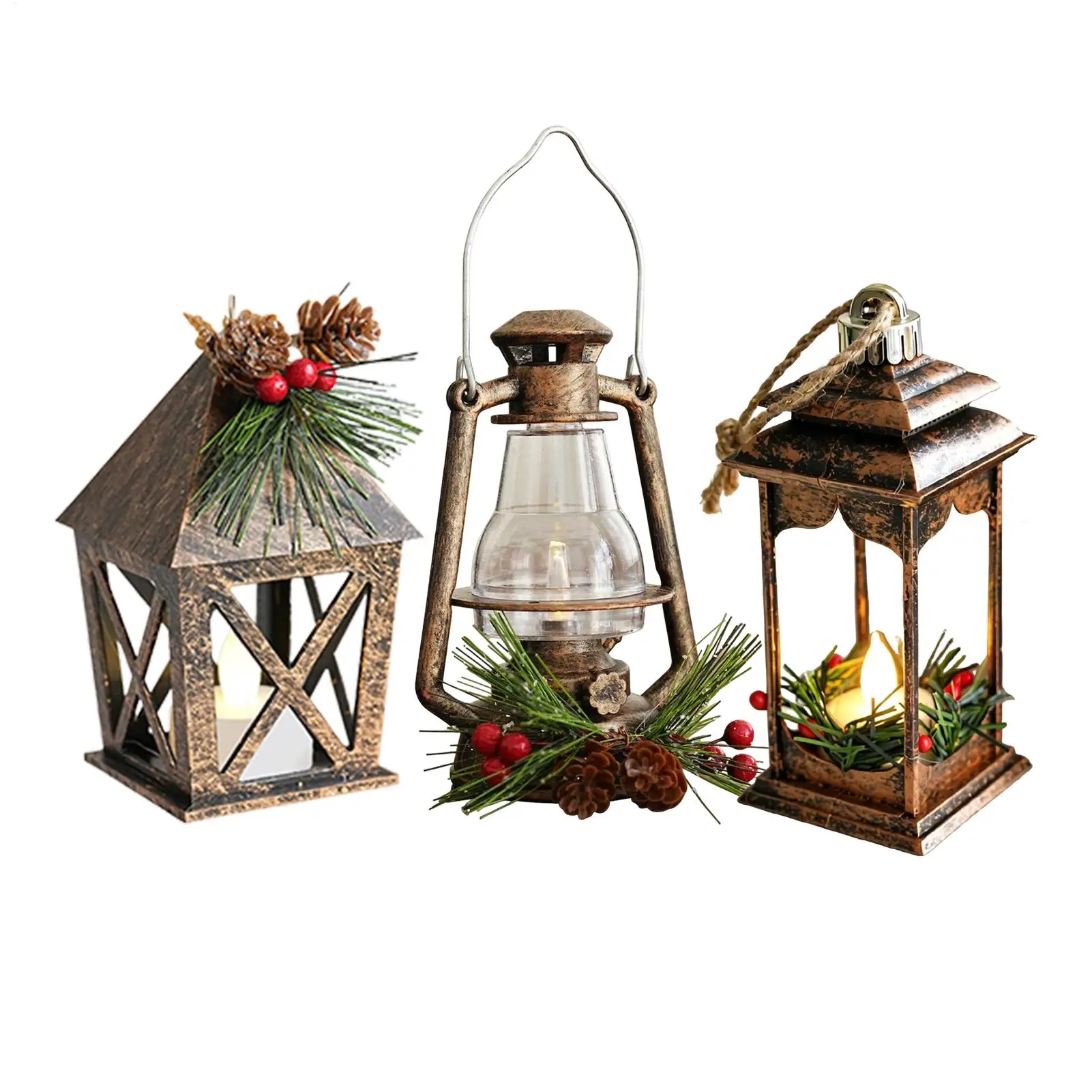 Christmas Lanterns Indoor Holiday Home Decor With Red Berries Pine Cones Christmas Lantern LED Candle Glow For Coffee Table