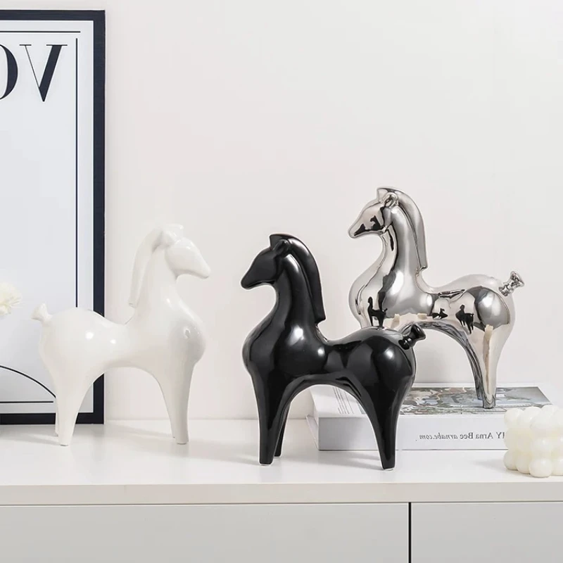 Ceramic Handicrafts Simulated Animal Sculptures Abstract Horse Art Ornaments Silver Horse Decorative Figurines Home Decoration