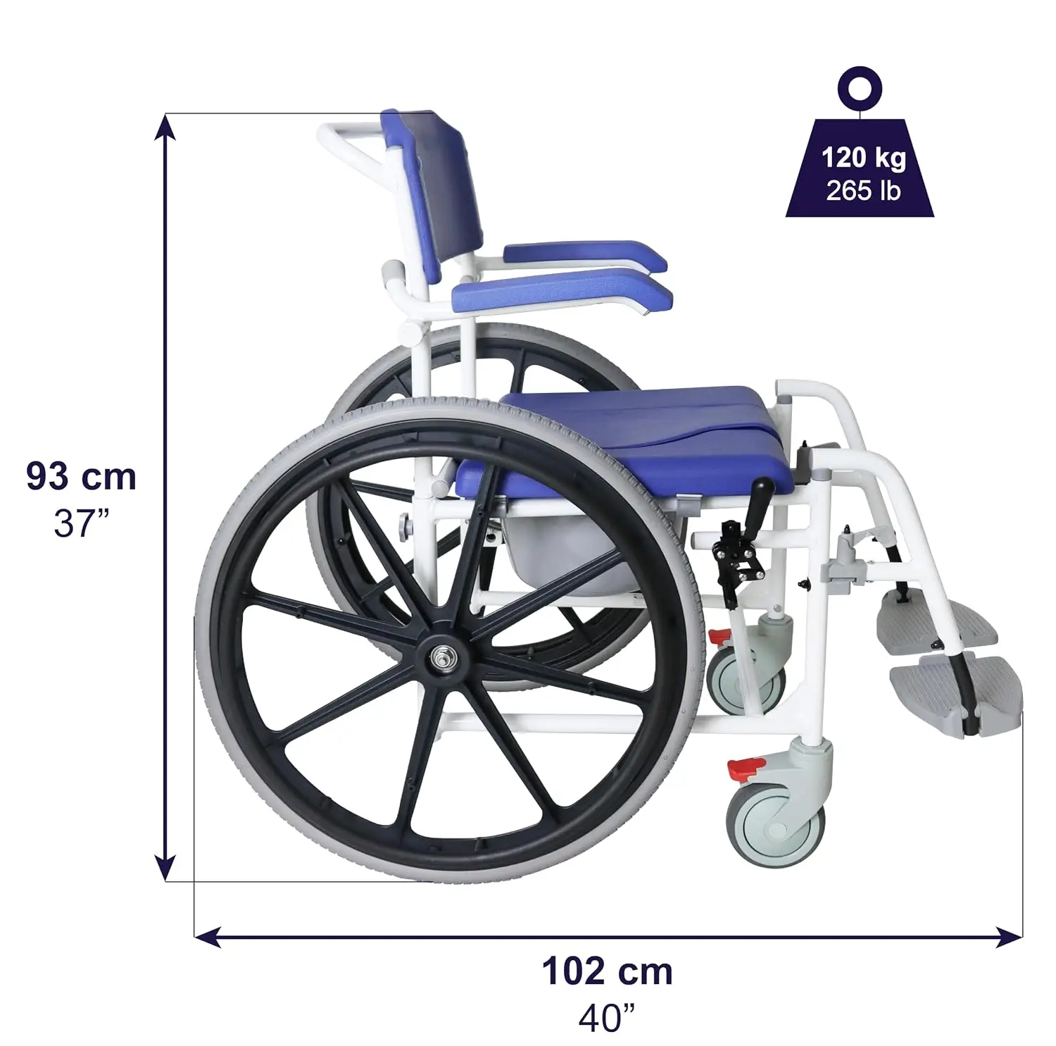 Self Propelled Shower Wheelchair, Commode Toilet Chair 2 in 1, Blue