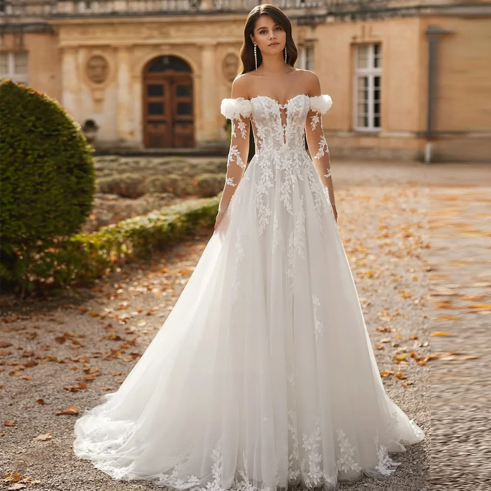 

Classic Tulle A-Line Customized Wedding Dress High Quality Appliques Bridal Gowns Fashion Sweetheart Long Sleeves Robe de mariée