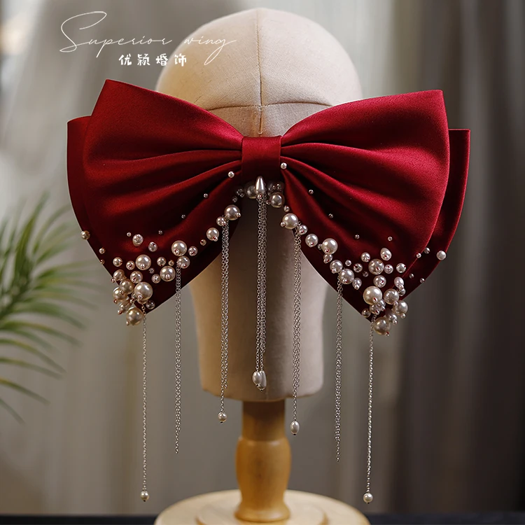 

Double Layer Bow Fascinator Hairpin Elegant Satin Fabric Pearls Rivet Tassel Fascinator Hair Clips Wedding Bride Party Headwear