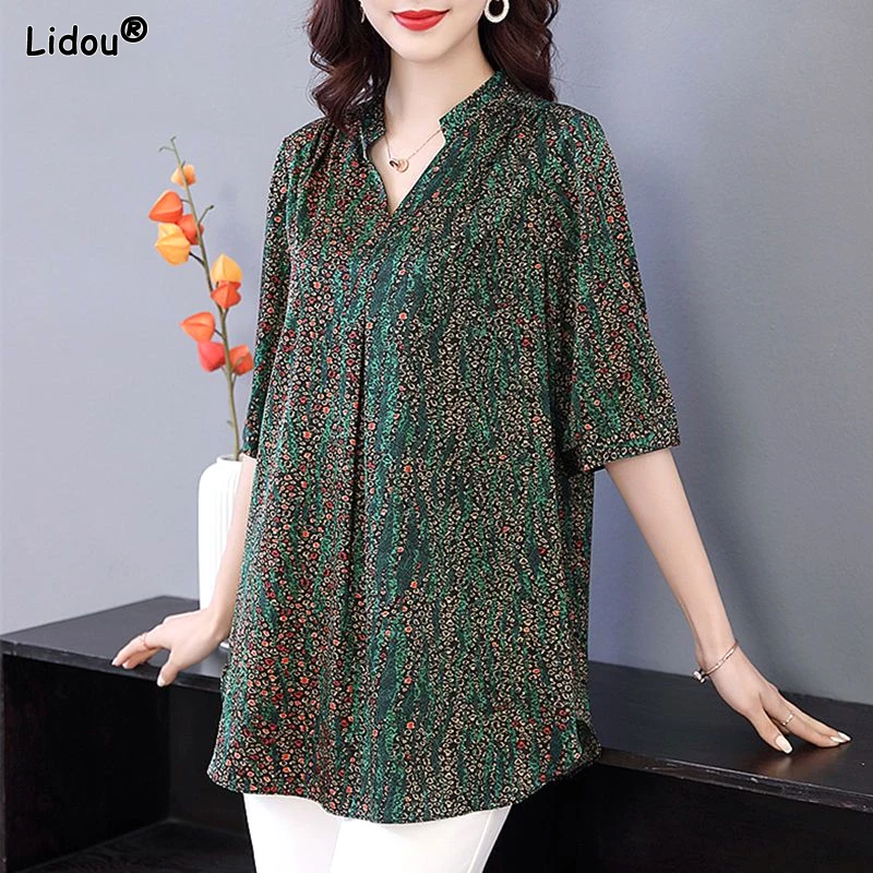 

Floral Simplicity Straight Pullovers Printing T-Shirts Loose V-neck Vintage Elegant Summer Short Sleeve Casual Women's Clothing