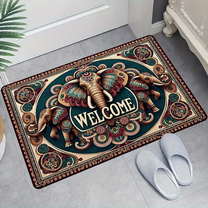 VIKAMA Boho Elephant Welcome Area Rug Vintage Mandala Non Slip Floor Mat for Living Room Entryway Home Decor Rug